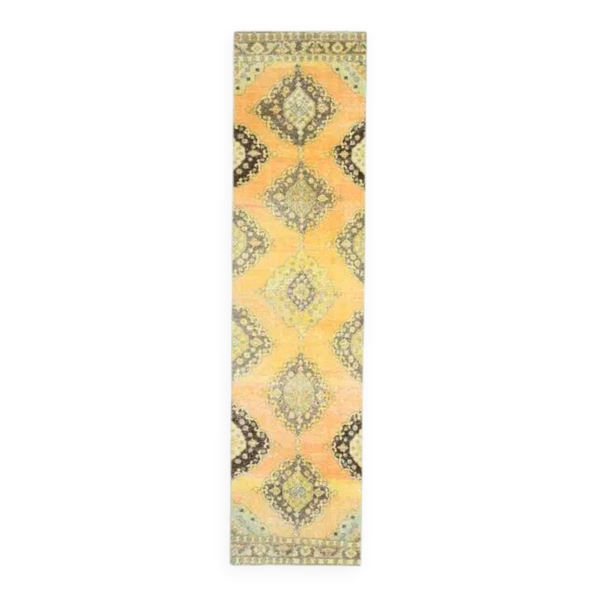 1970s Vintage Turkish Hand-Knotted Wool Cotton Orange Runner Rug 92x390