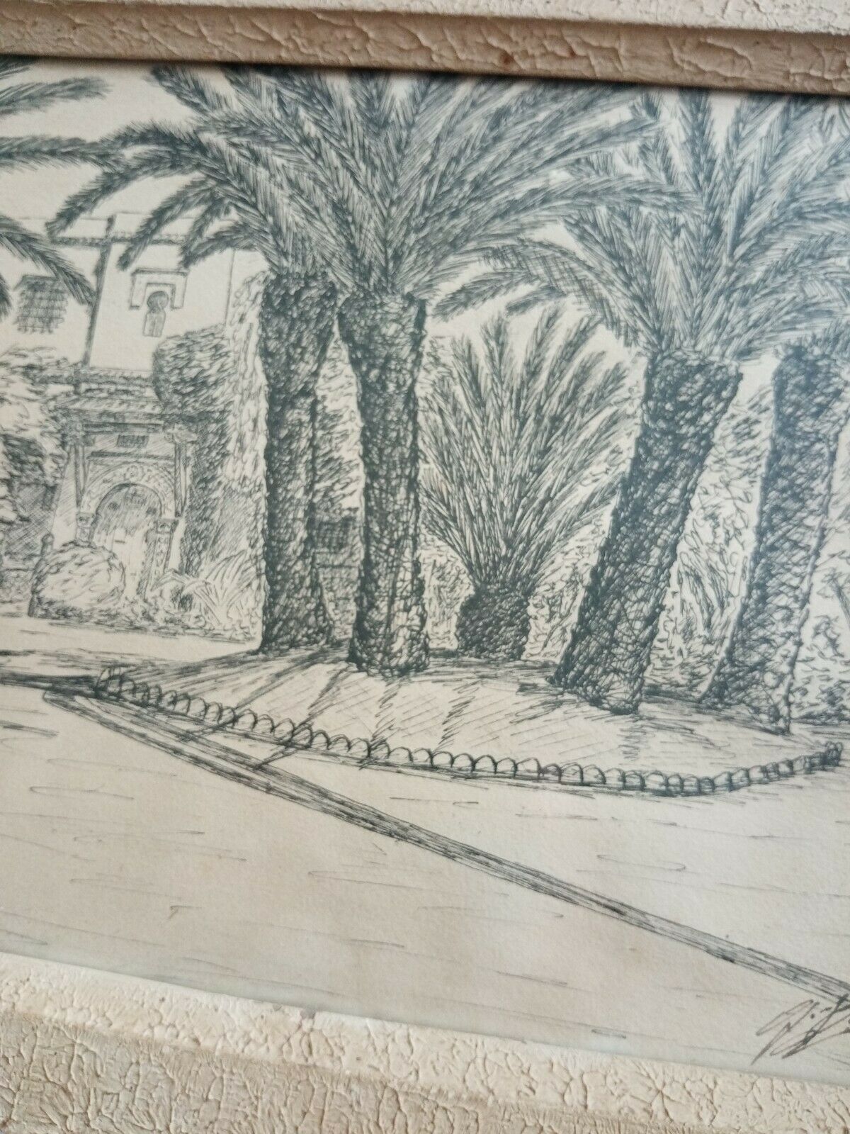 Old painting drawing in ink signed , Les Palmiers