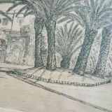 Old painting drawing in ink signed , Les Palmiers