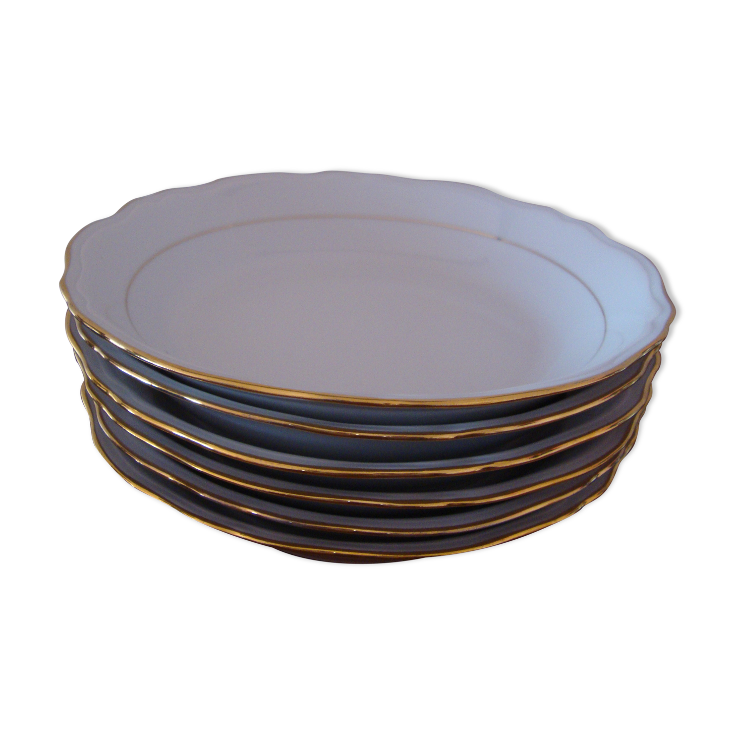 6 Hollow plates in fine white porcelain signed Ph. Deshoulières golden scented edges