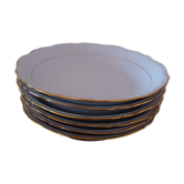 6 assiettes creuses en porcelaine fine blanche, signées Ph. Deshoulières, bords festonnés dorés
