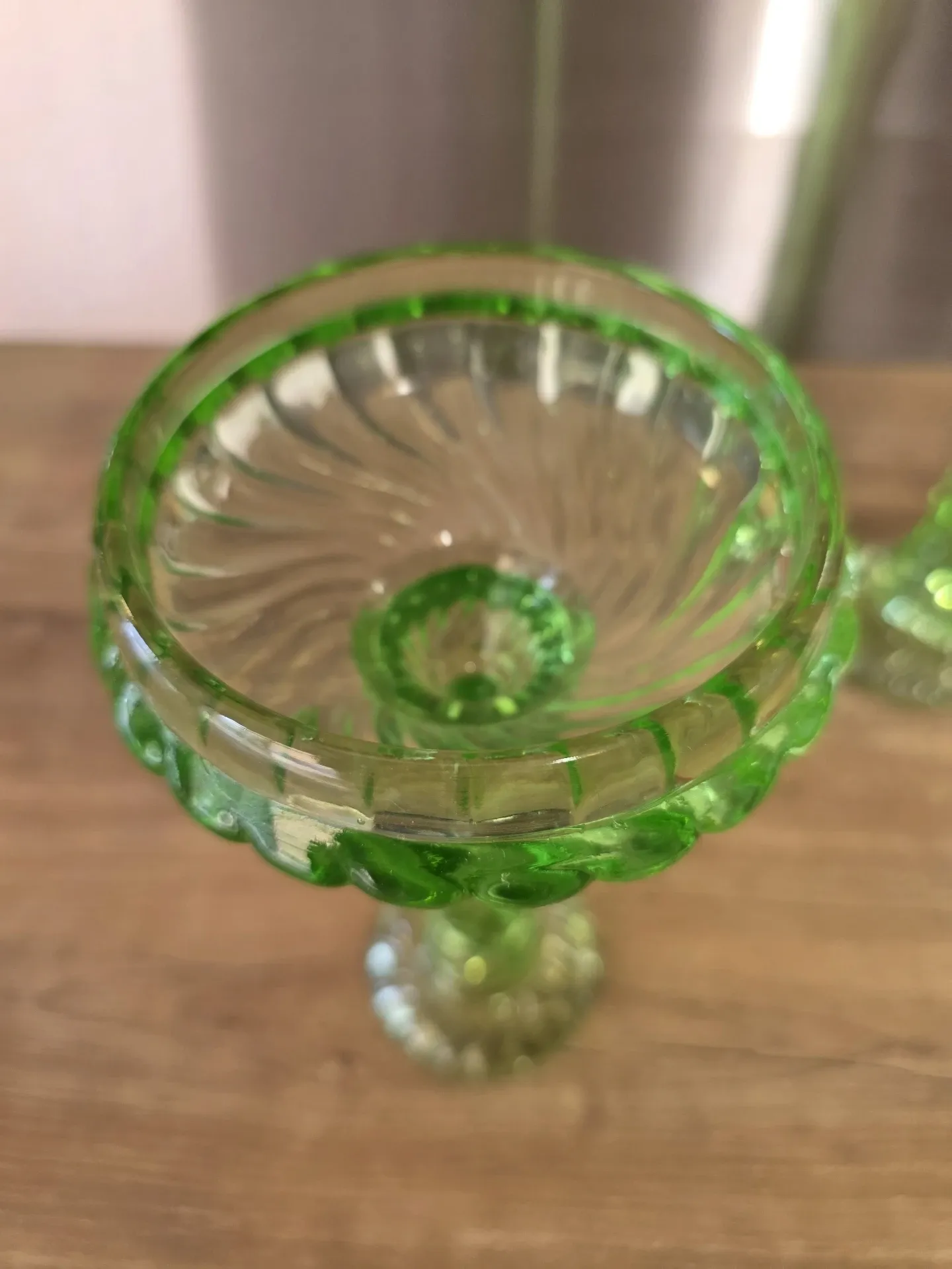 Pair of large Art Deco candlesticks / candle holders in moulded pressed glass.