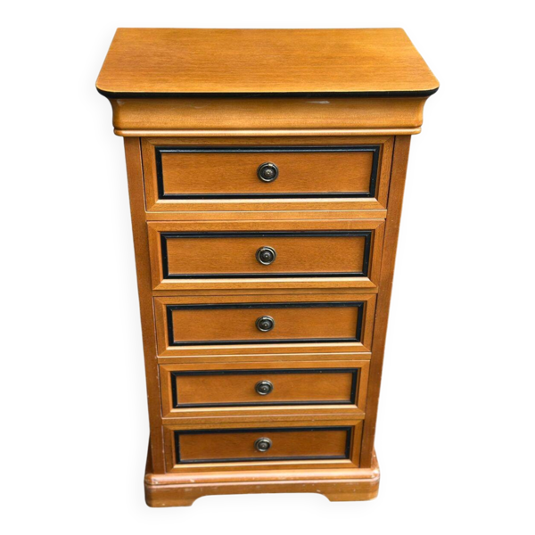 Commode semainier vintage Louis Philippe 5 tiroirs en bois des années 70