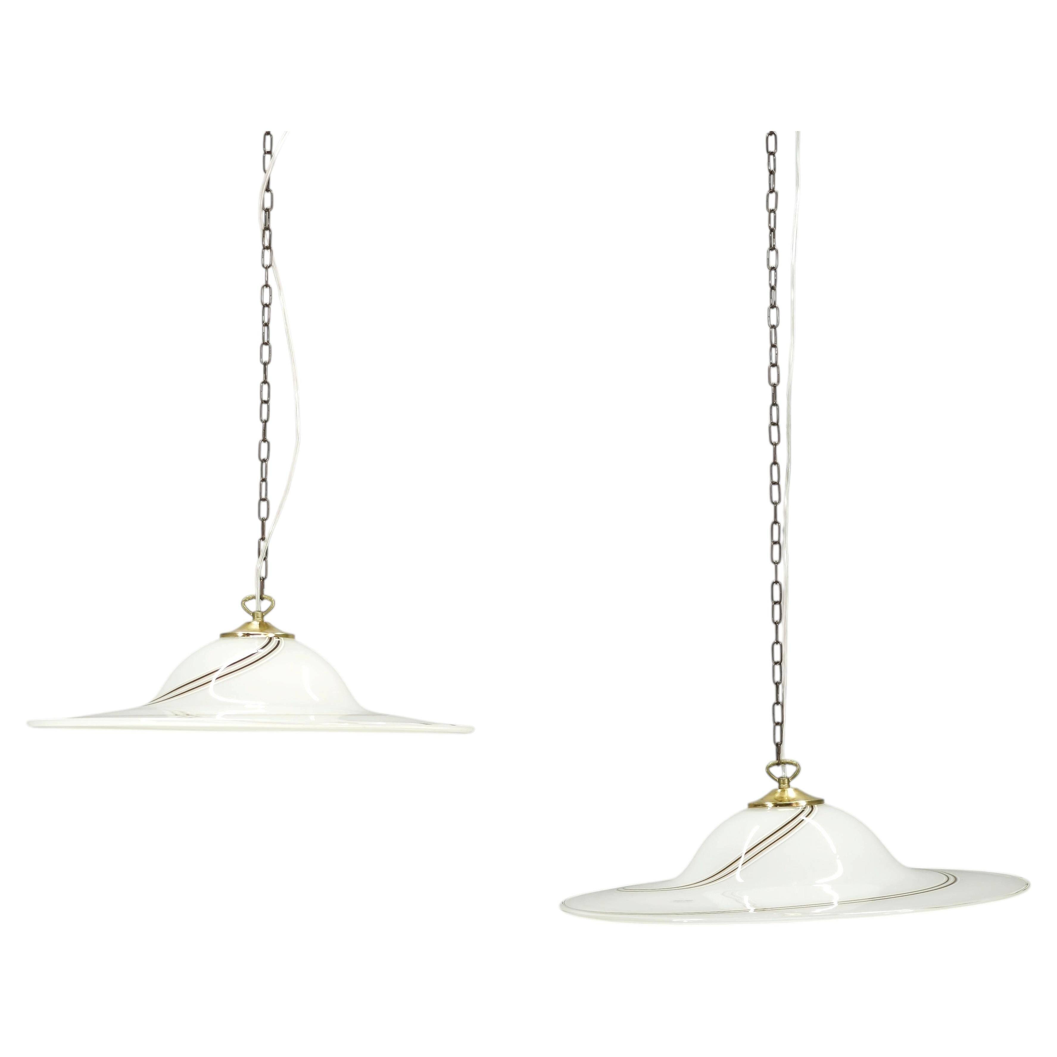 Pair of 1970s Italian Murano Opaline Glass and Brass Pendant Lights