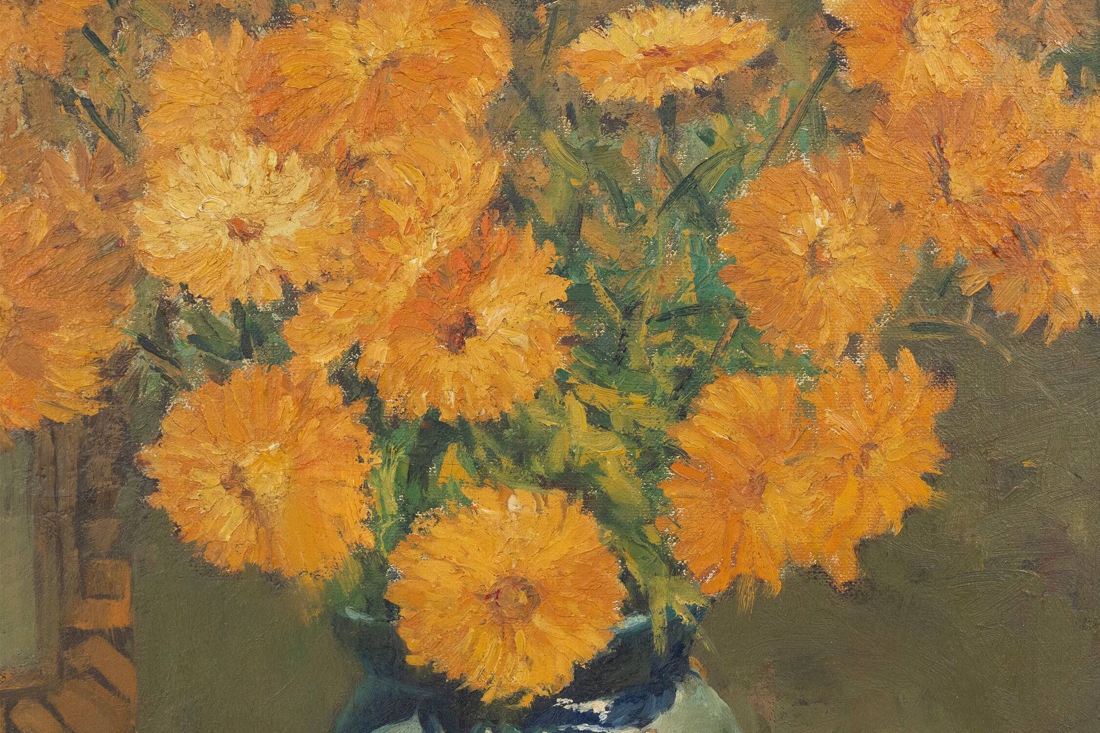 Belgian Still Life Painting by Jos Pas, 1944 — Flowers and Grapes in a Vase