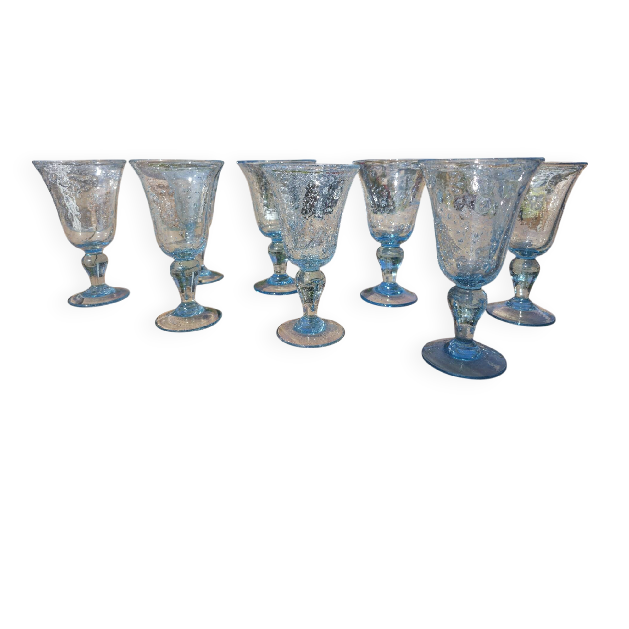 8 large blown glass goblets with bubbles from Biot – Blue signed