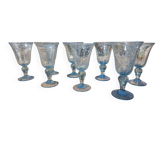 8 grands verres à pied en verre soufflé bullé de Biot – Bleu  signé