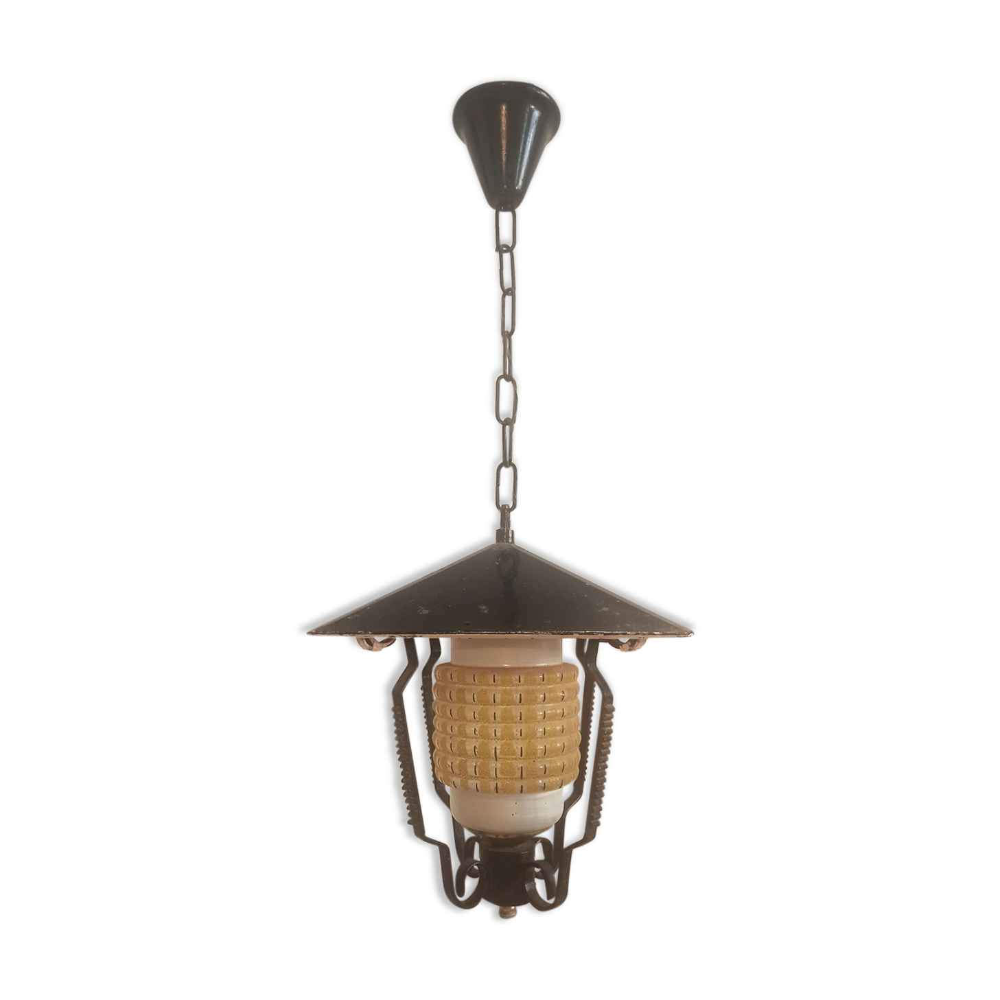 Vintage outdoor pendant light in yellow molded glass and black metal
