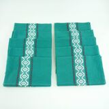 10 green cotton napkins - embroidered Basque-style designs