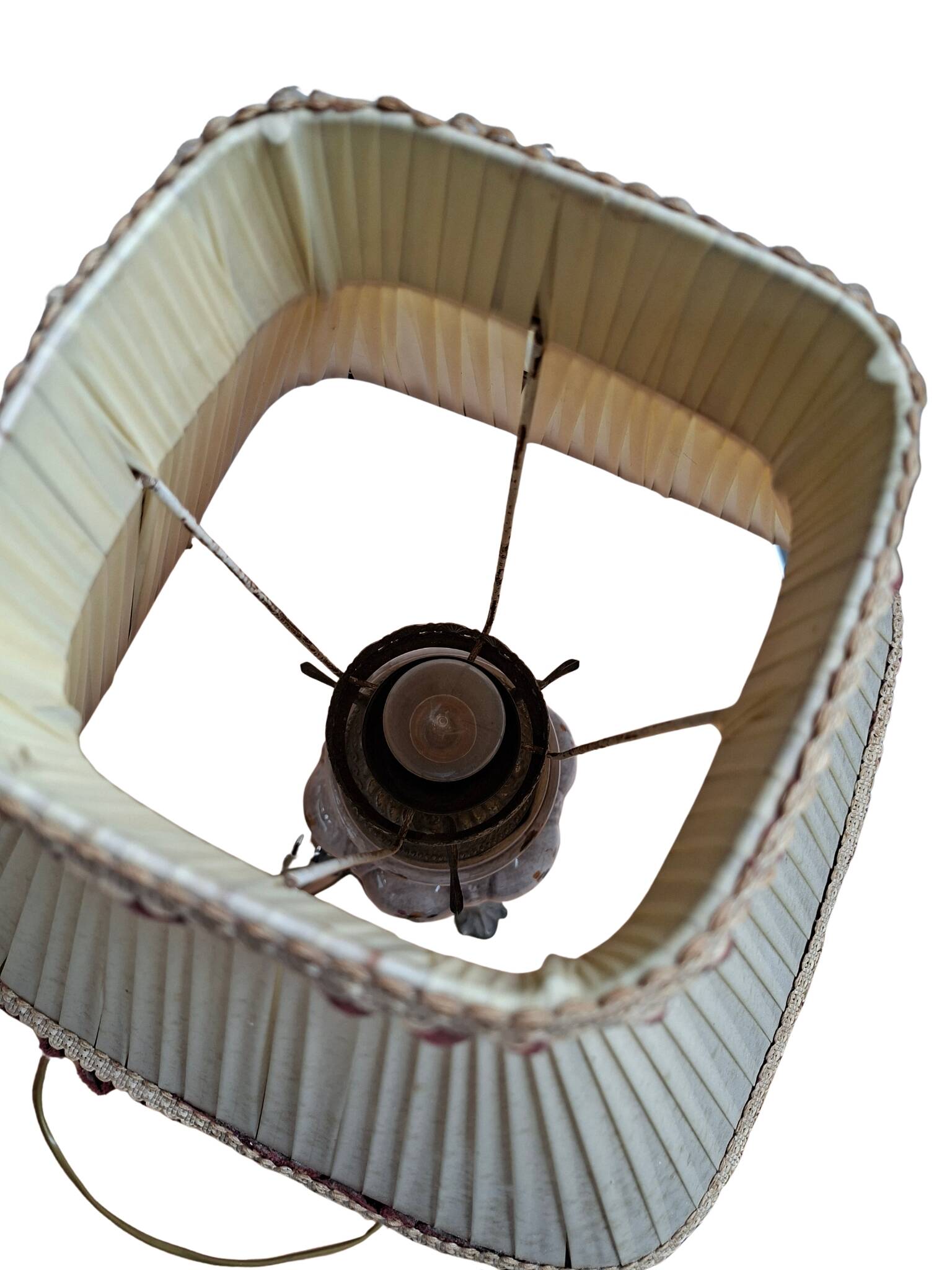 Lampada da Tavolo Vintage in Ceramica dipinta a mano e Velluto Bordeaux