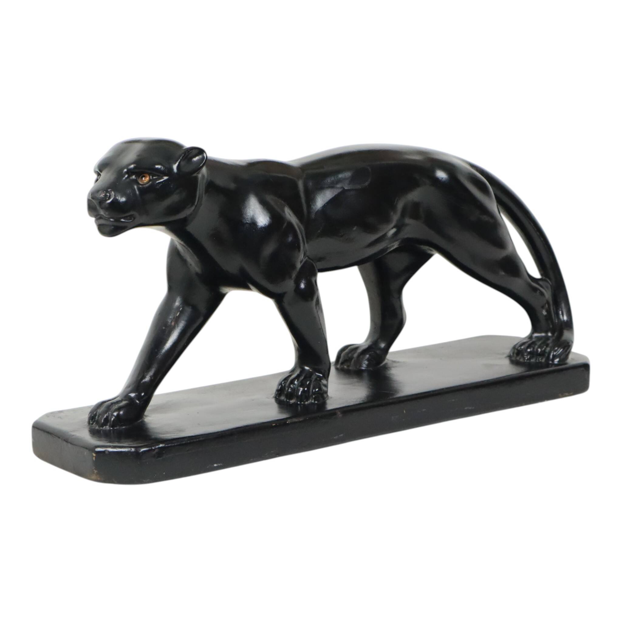 French Art Deco Style Panther Sculpture Black Lacquered Plaster 56cm