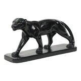 French Art Deco Style Panther Sculpture Black Lacquered Plaster 56cm