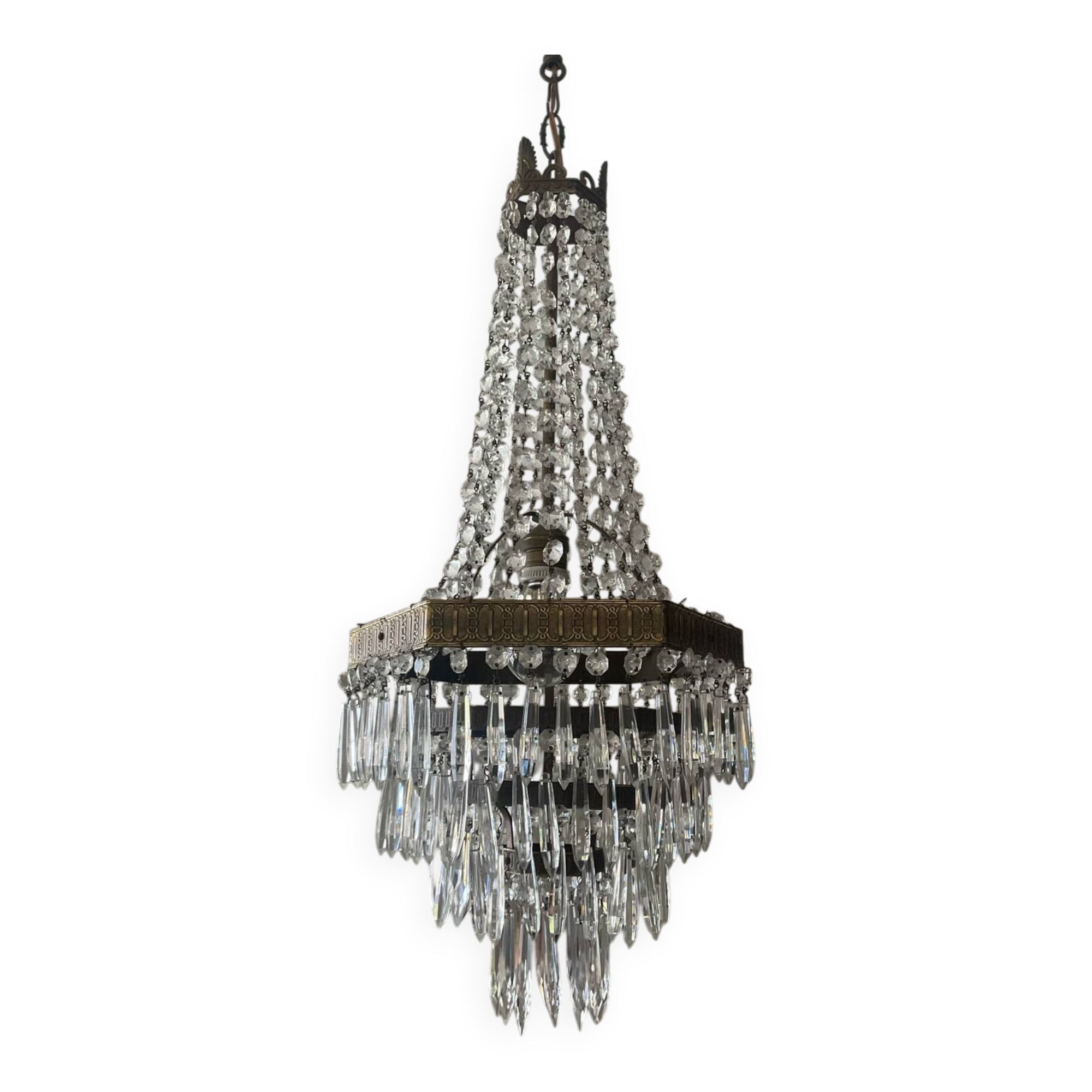 Lustre Montgolfière en laiton et pampilles