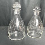 Tableware, two engraved crystal carafes with stoppers from around 1940.