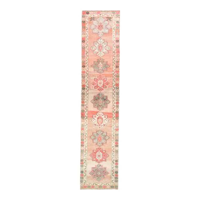 Vintage Turkish Oushak handmade wool cotton pink runner rug 79x372