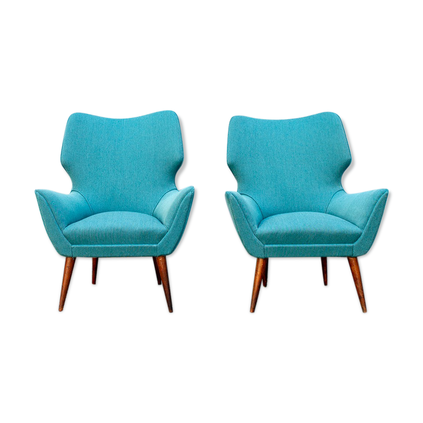 Pair of armchairs with wooden structure and padding covered in Italian fabric 50s