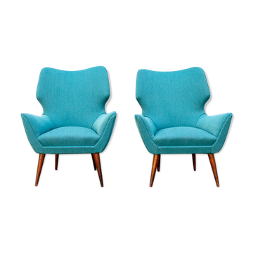 Pair of armchairs with wooden structure and padding covered in Italian fabric 50s