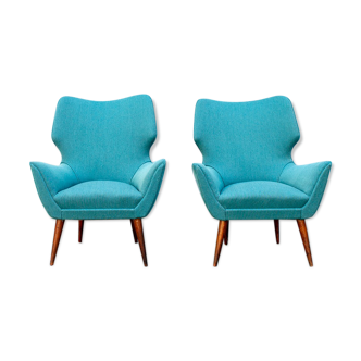 Pair of armchairs with wooden structure and padding covered in Italian fabric 50s