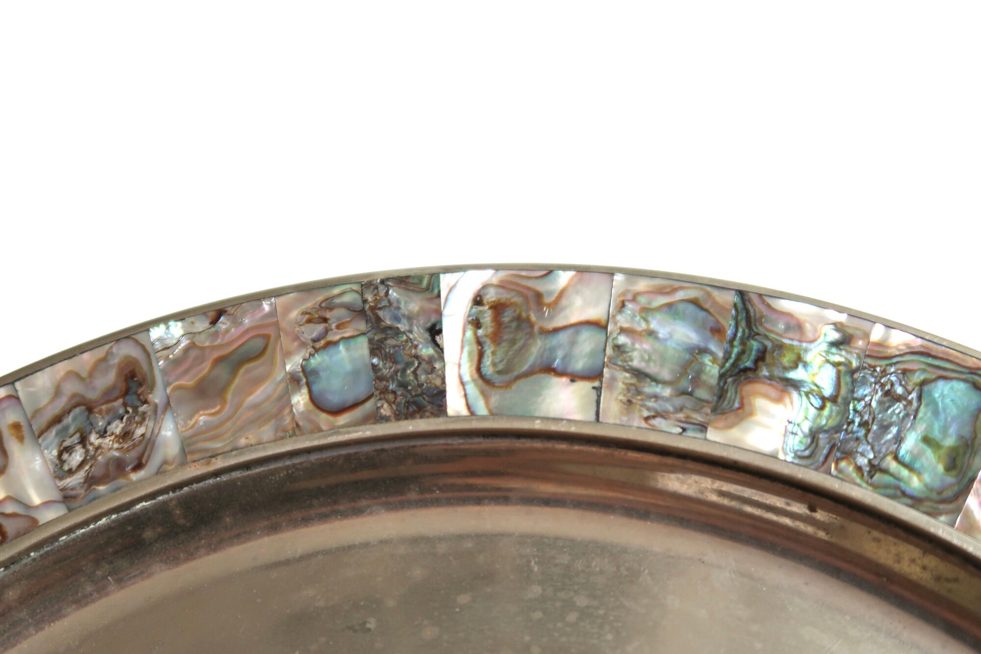 Mexican wall dish in silver metal and mother-of-pearl, 70s