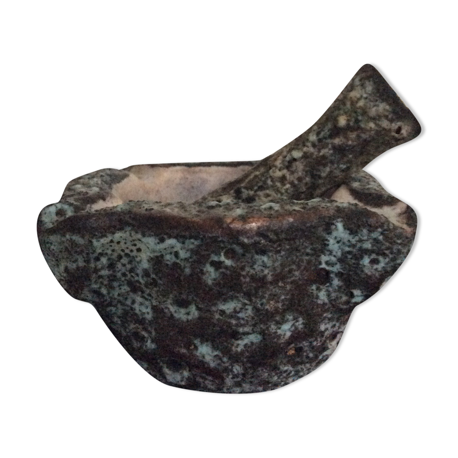 Old mortar and its ceramic pestle Fat Lava