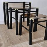 Set of 3 vintage nesting tables in smoked glass and black metal – 1970s