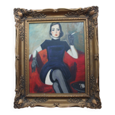 Lady Smoking in Art Nouveau Style, 1950s, Oil Painting, Framed