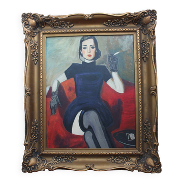 Give me smoking in the Art Nouveau style, 1950s, oil painting, framed.