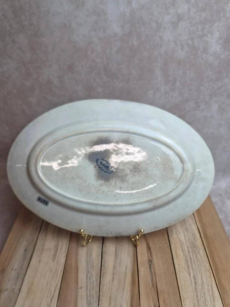 Antique oval plate, blue ironstone with floral decoration – 34 cm