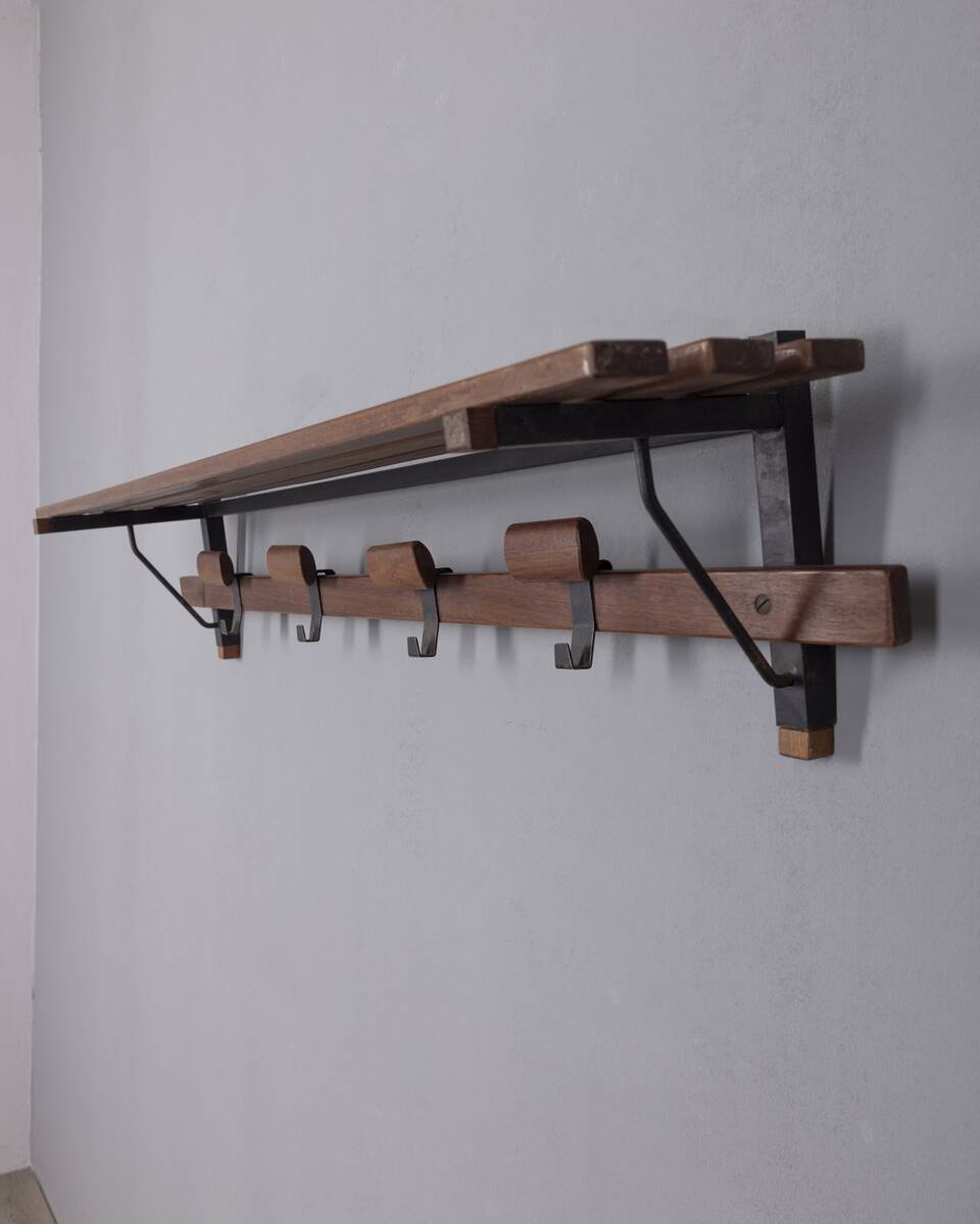 Vintage 1960s wall coat rack in metal and wood, italian design