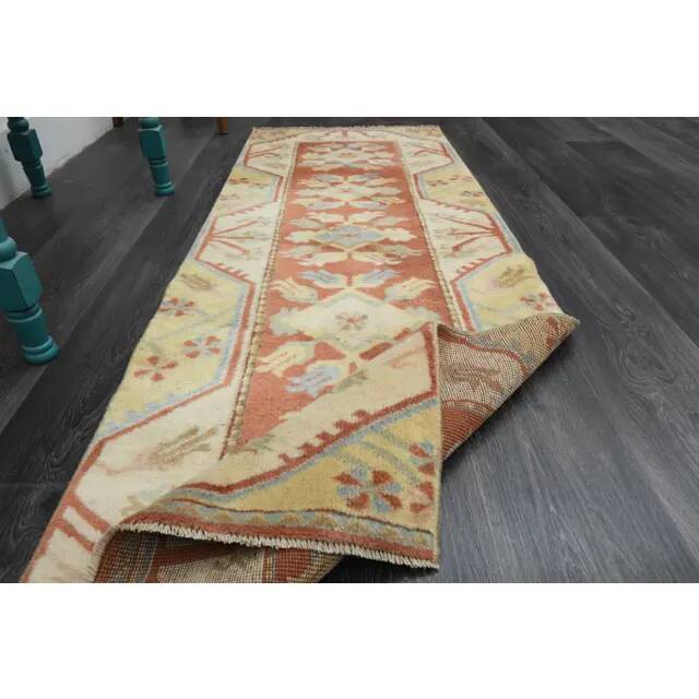 1970s Vintage Turkish Handmade Wool & Cotton Orange Runner Rug 69X196