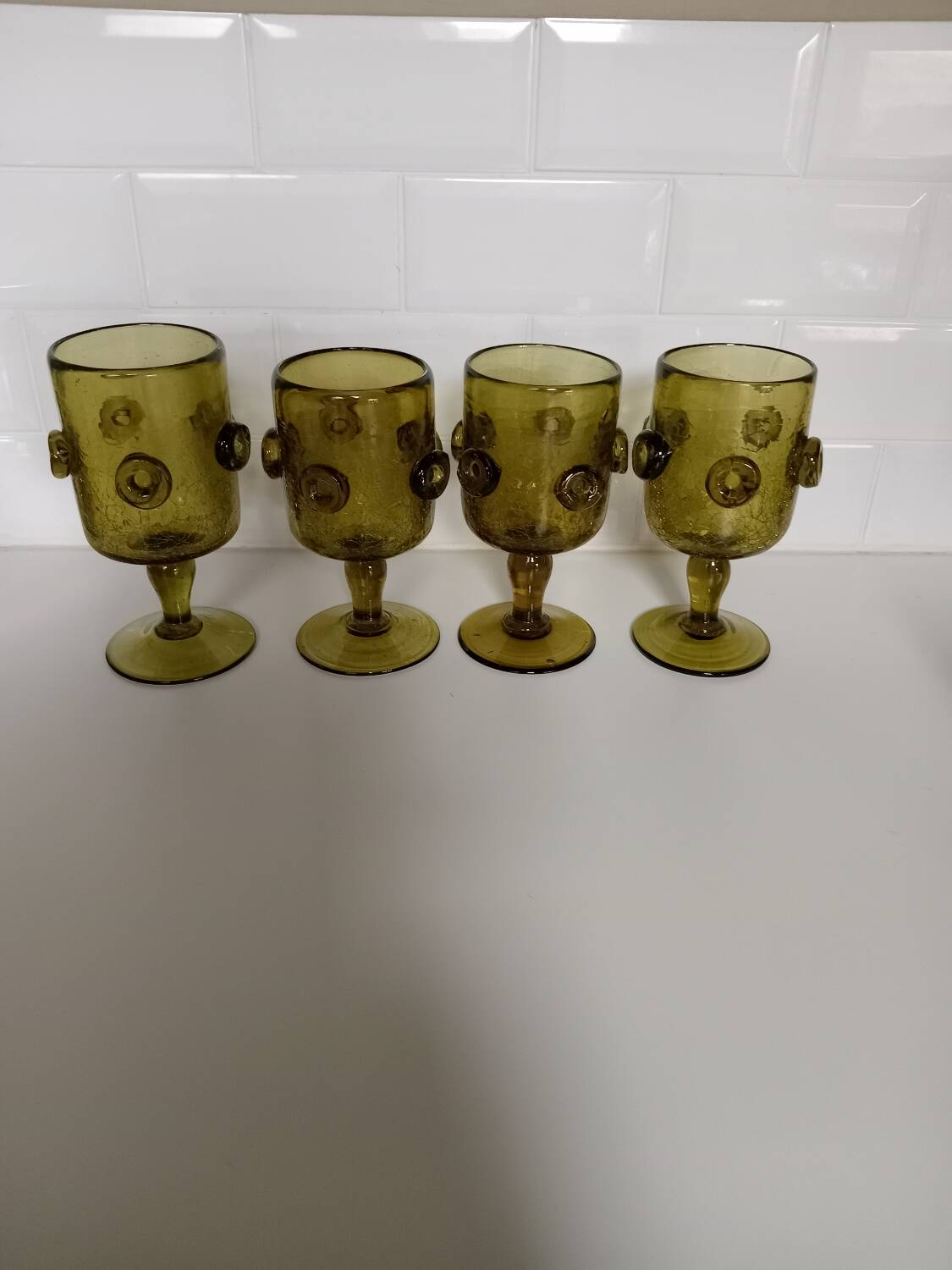 Olive green mouth-blown crackled glass
