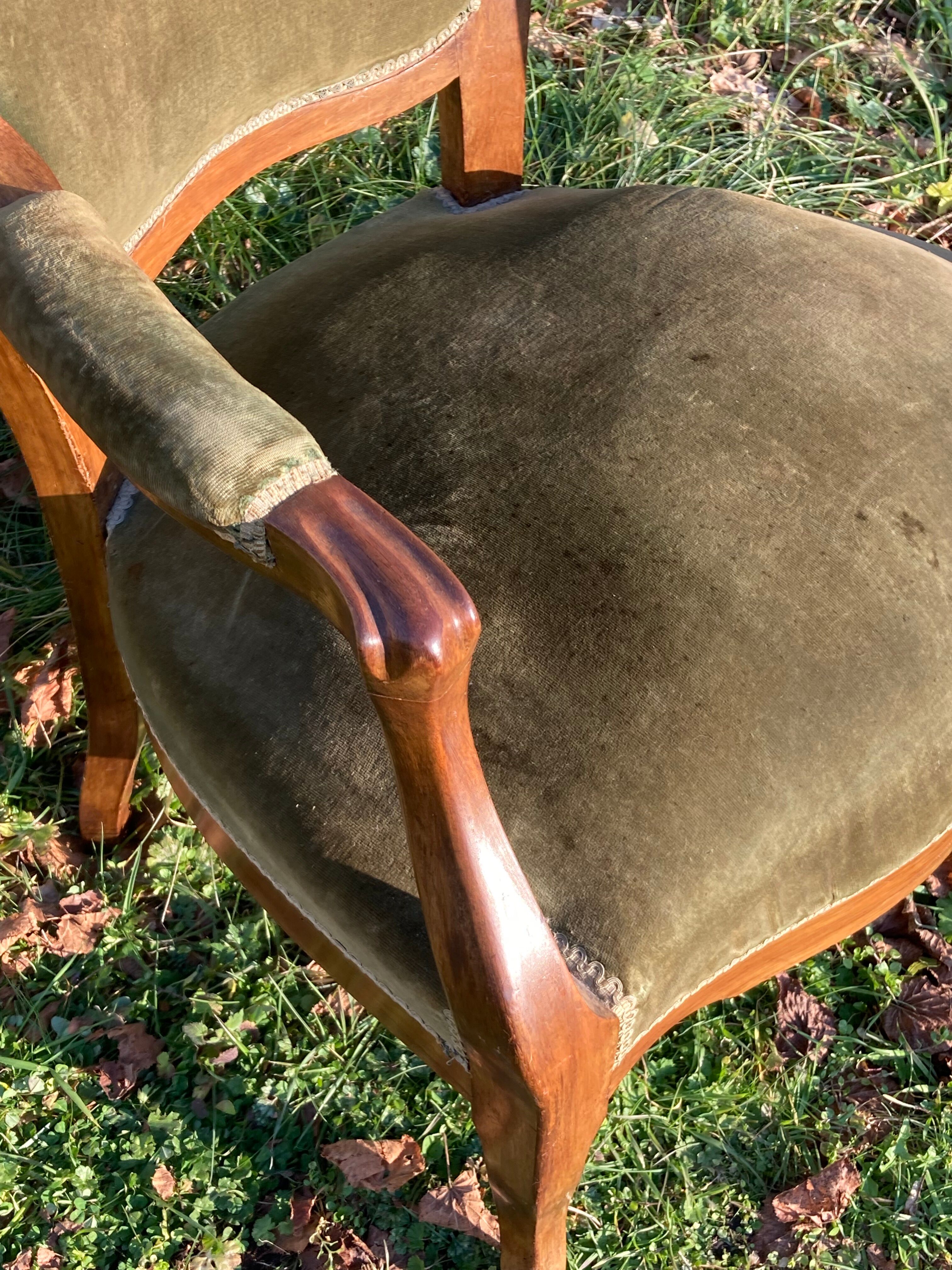 Armchair Voltaire Louis Philippe in wood green velvet XIX