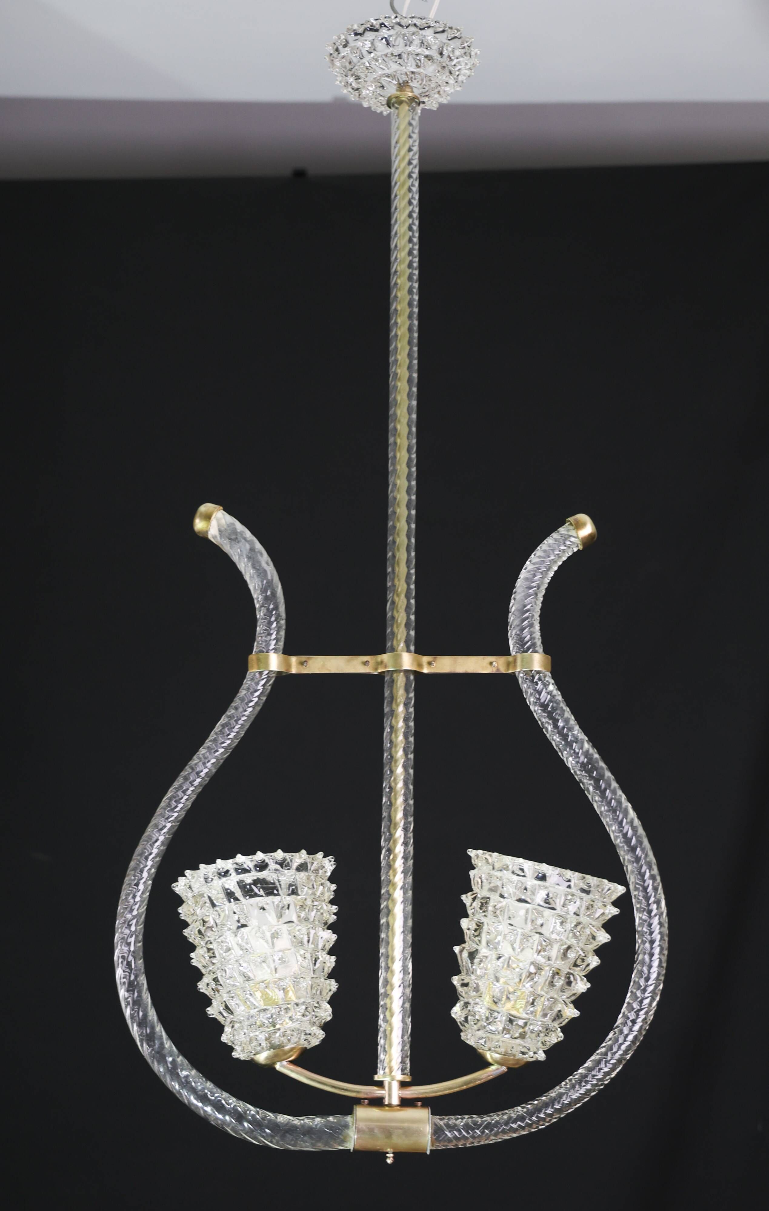 Amazing 2 Light Clear Rostrato Murano Glass Chandelier by Barovier & Toso,
