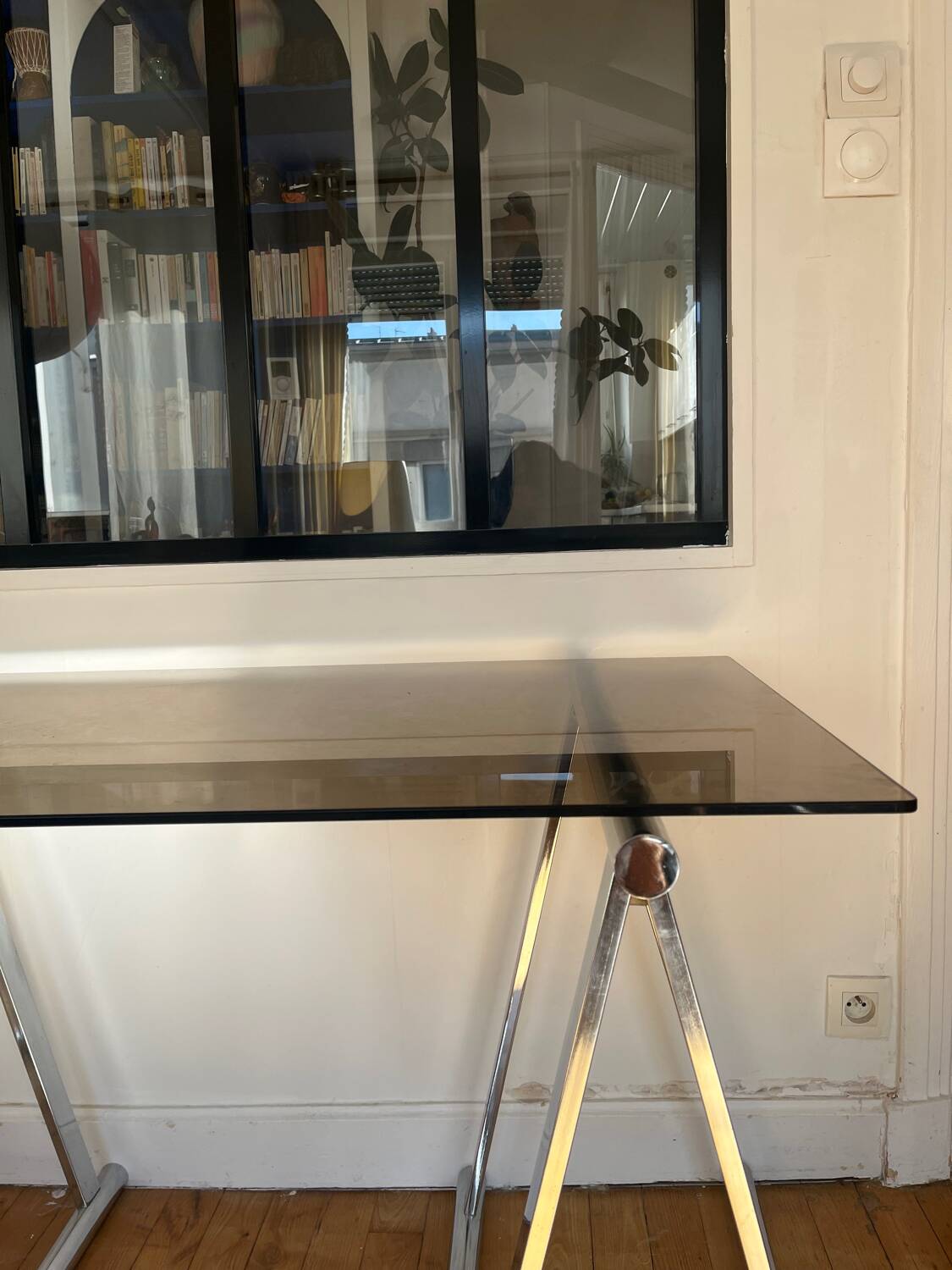 Smoked glass and chrome metal desk by Milo Baughman for Rochebobois