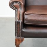 Brown smooth cow leather Chesterfield wingback armchair in English style