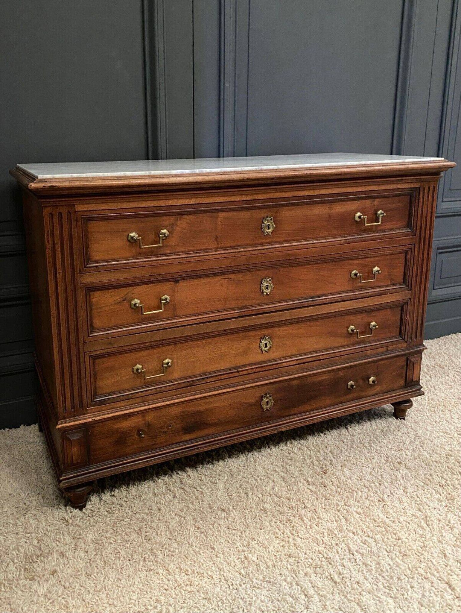 19th century Louis XVI style chest of drawers, white marble, fluted 4 drawers