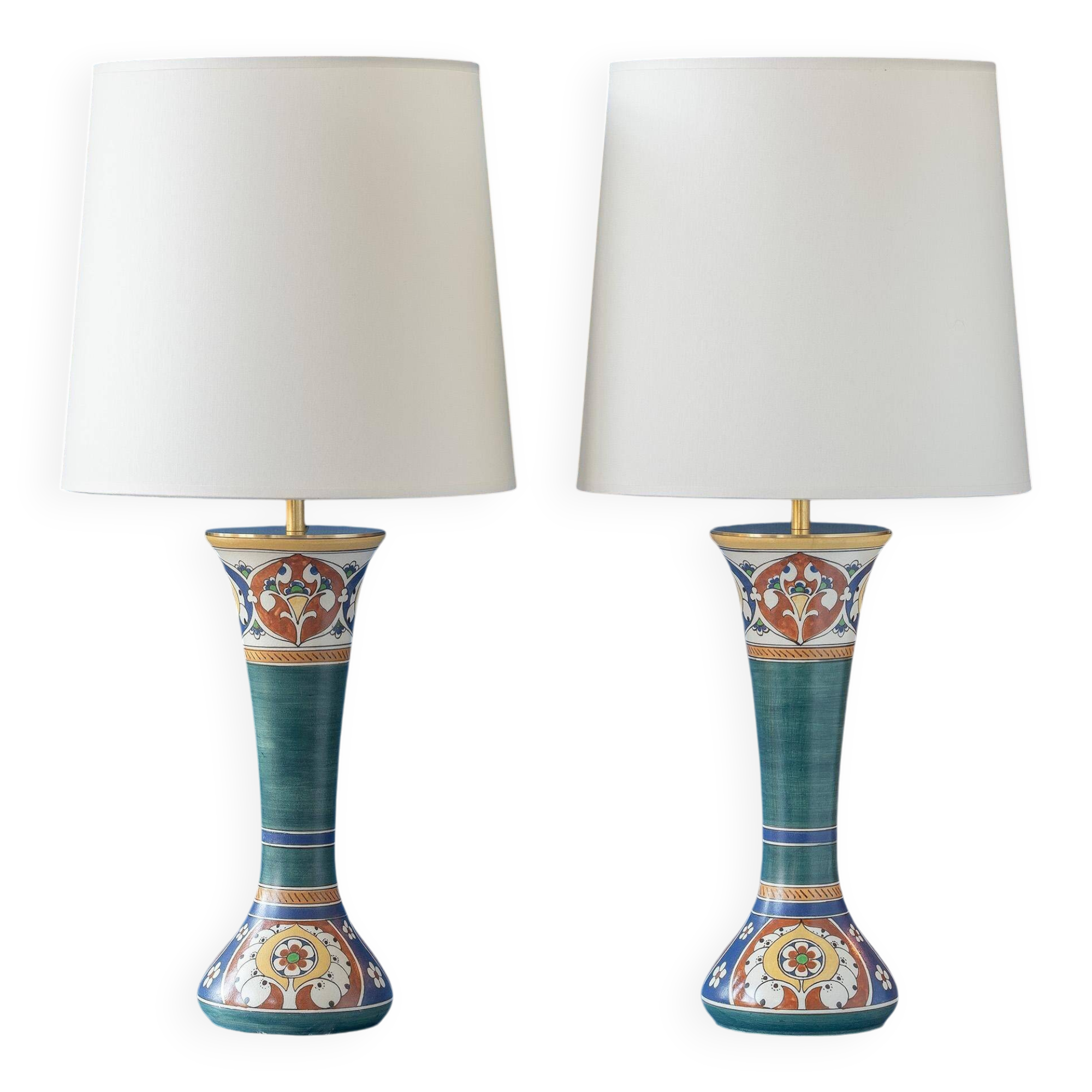 Pair of hand-painted ceramic table lamps in Dutch Art Nouveau–Art Deco style, 1910–1917.