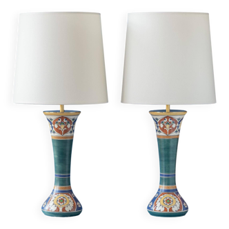 Pair of hand-painted ceramic table lamps in Dutch Art Nouveau–Art Deco style, 1910–1917.