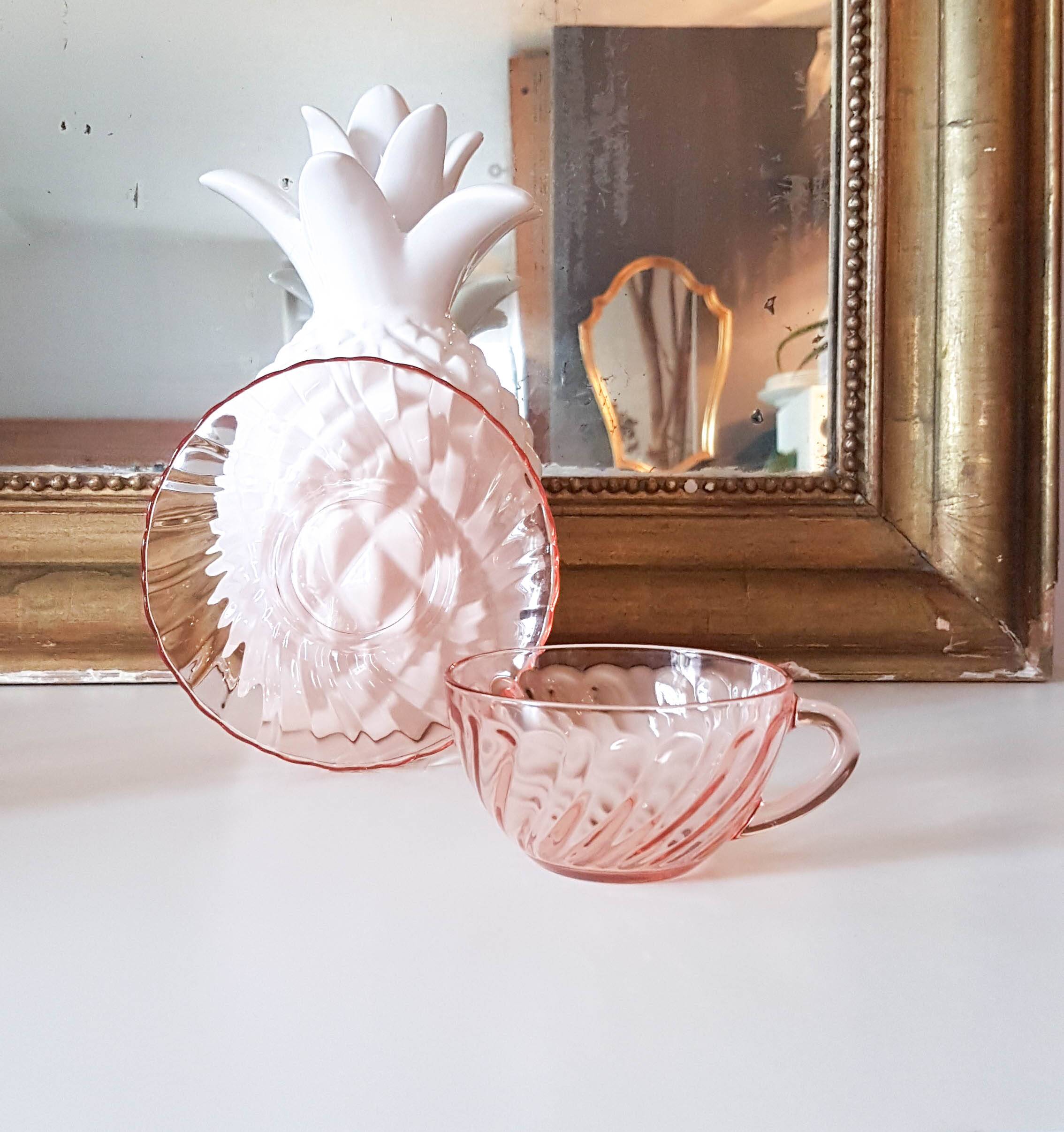 6 Rosaline LUMINARC pink glass tea cups and saucers made in France