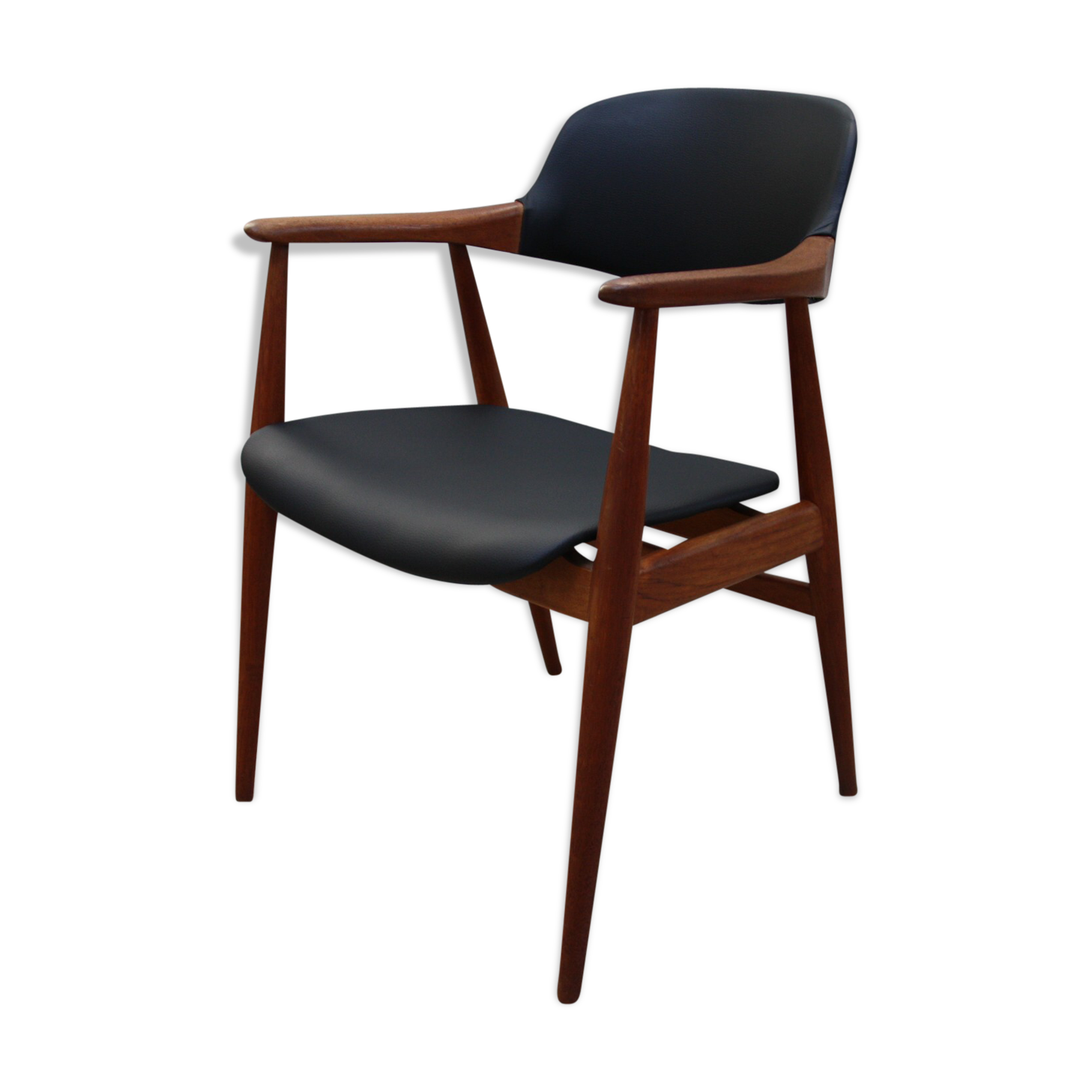 Vintage armchair in teak and black leather model Casina 60s