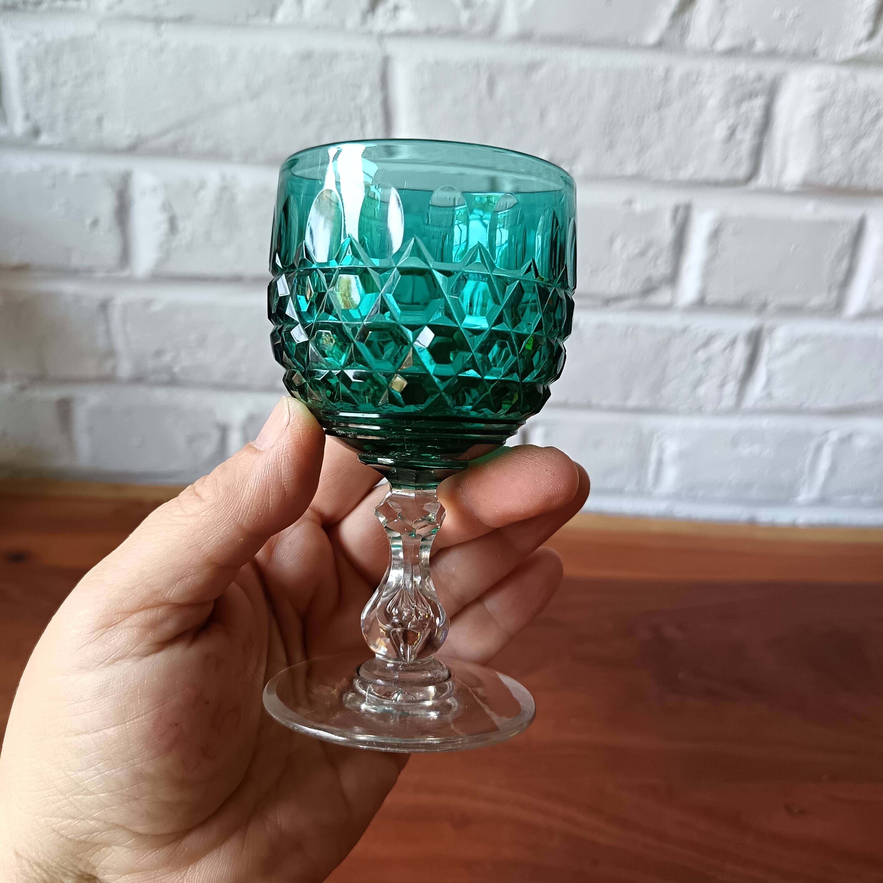 2 vintage cut glass coloured stemmed glasses