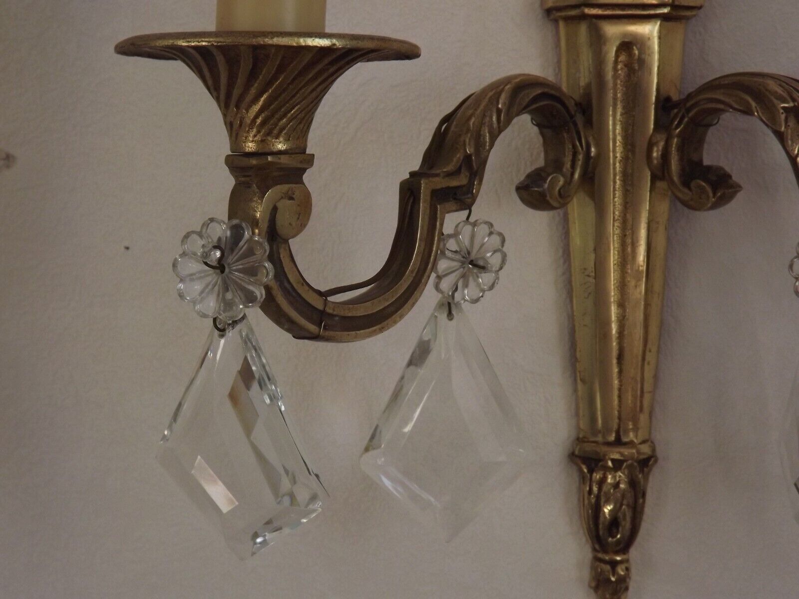 French Pair of Double Empire Brass Wall Sconces with Diamond Crystal Drops