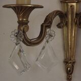 Paire française d'appliques murales double empire laiton avec gouttes de cristal diamant