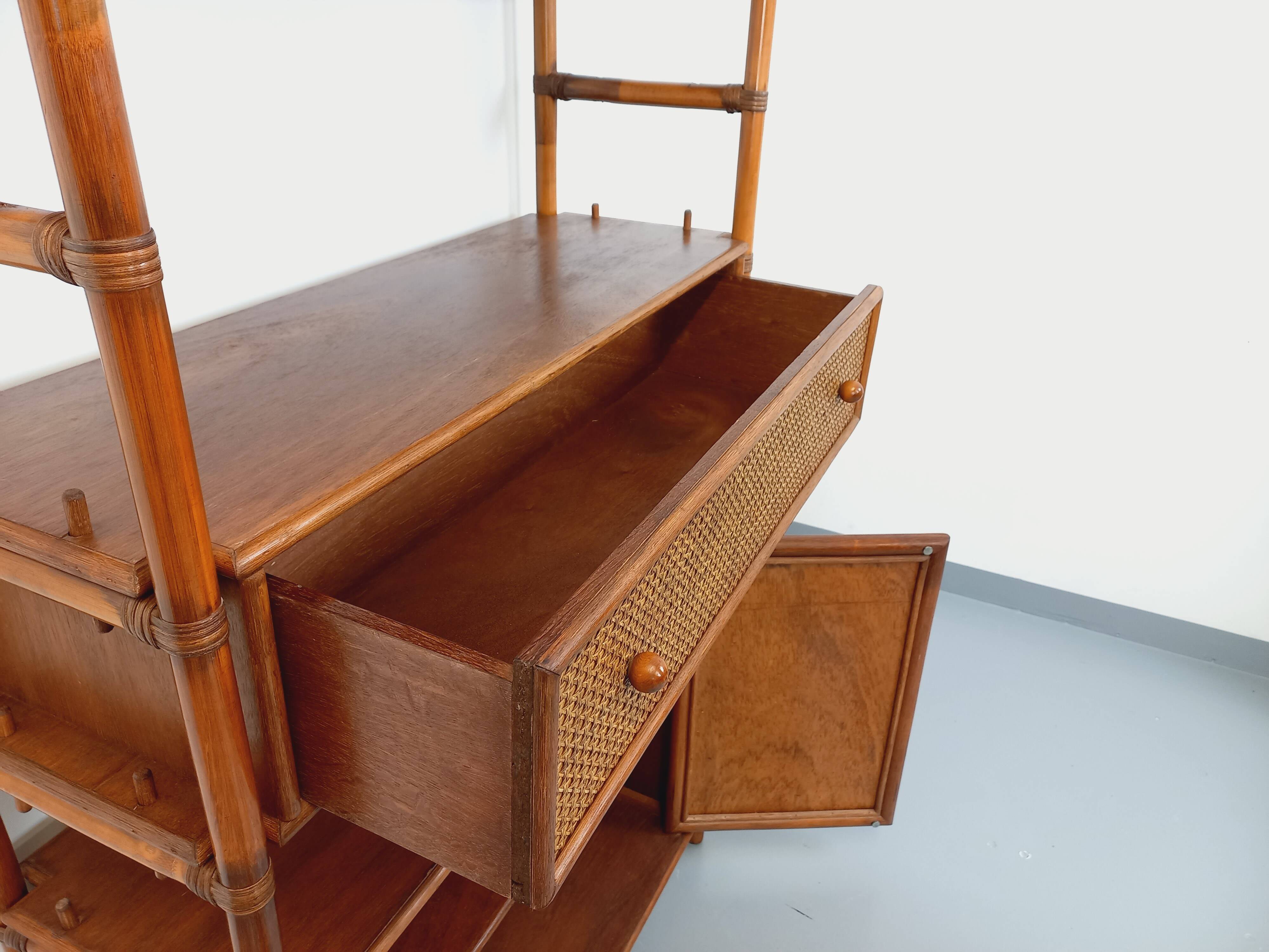 Large vintage rattan, wood and cane bookcase from the 70s
