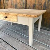 Raw wood and taupe coffee table