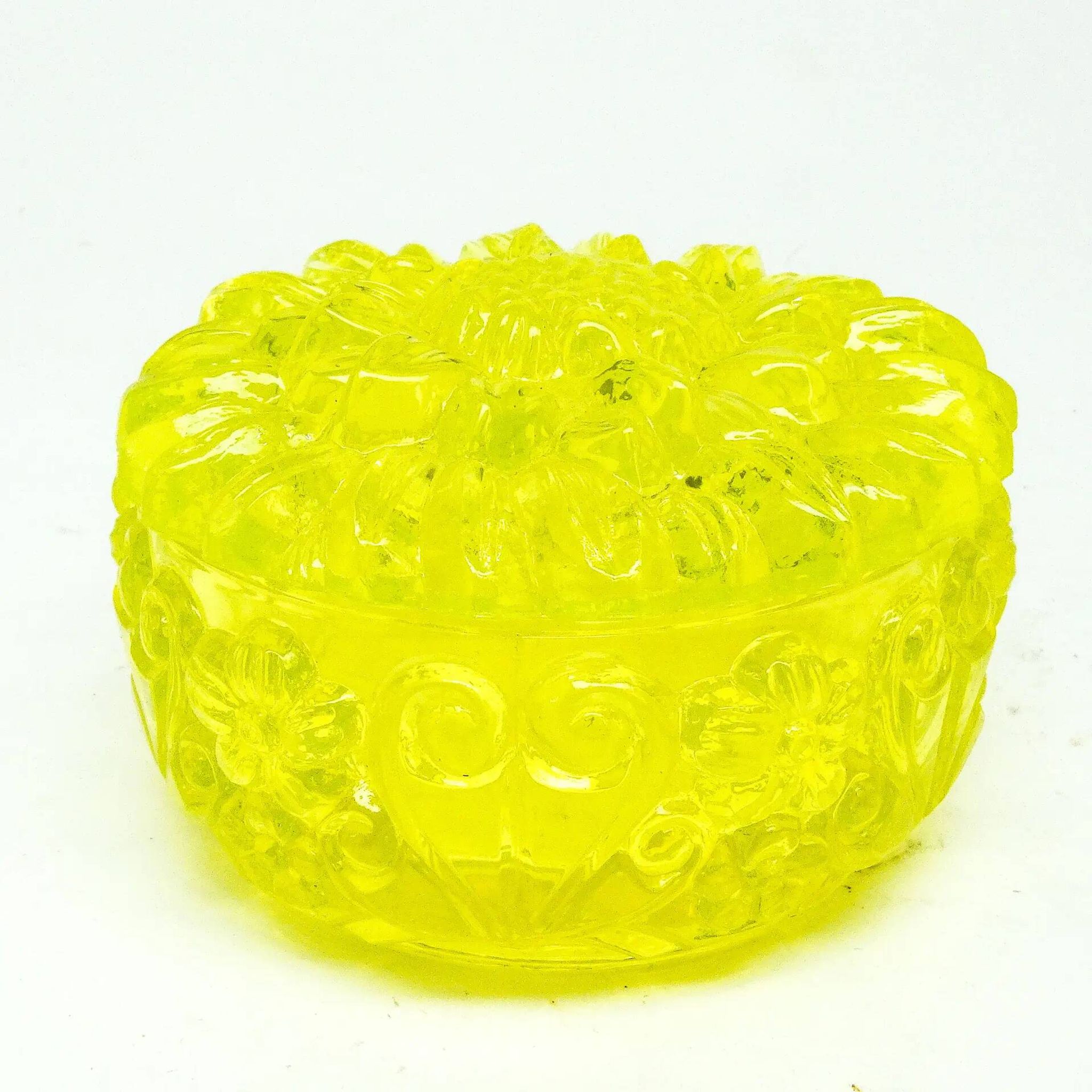 Art Deco bonbonniere, pressed uranium glass, Czechoslovakia, 1950s