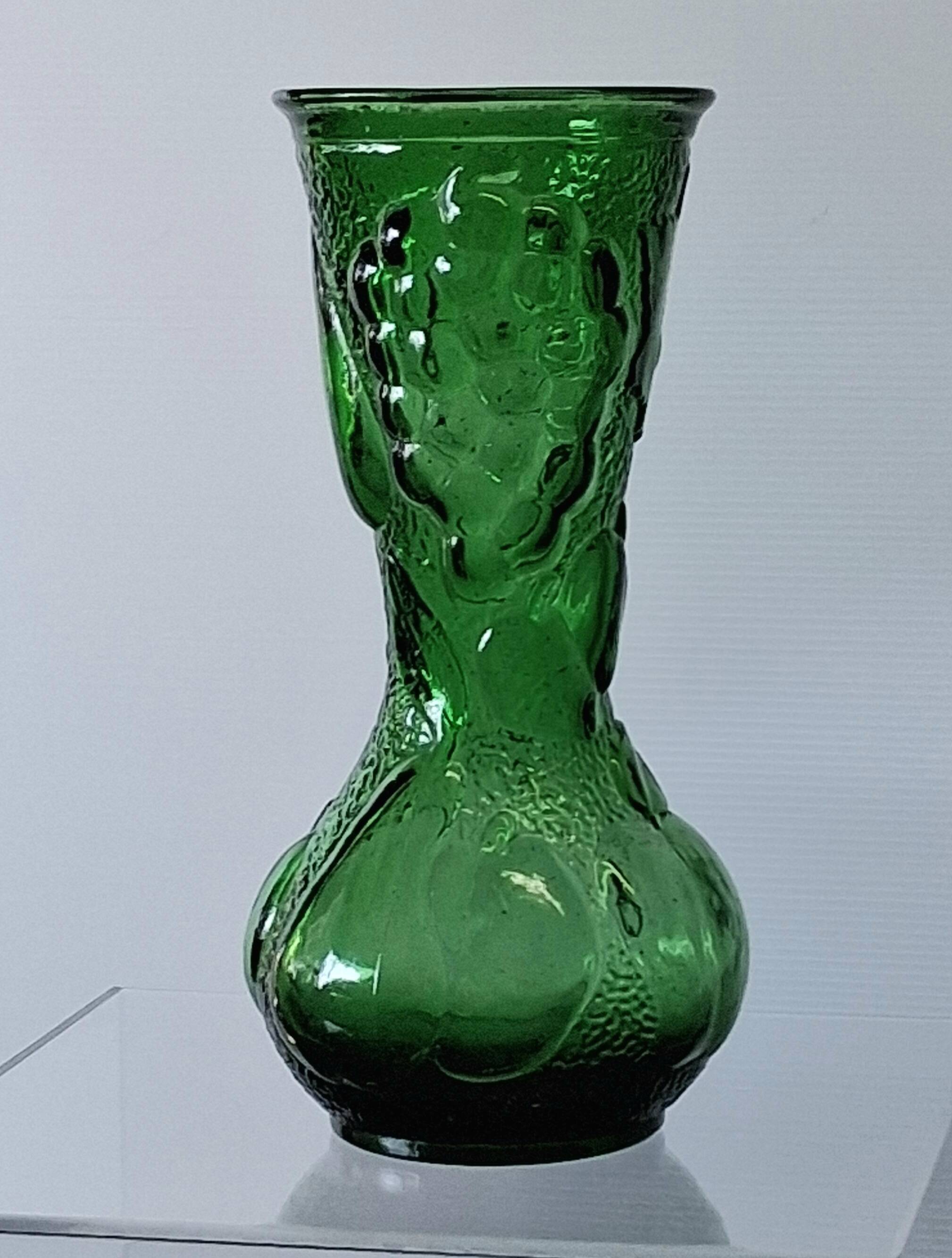 Vintage green glass vase with a fruit design in very good condition.