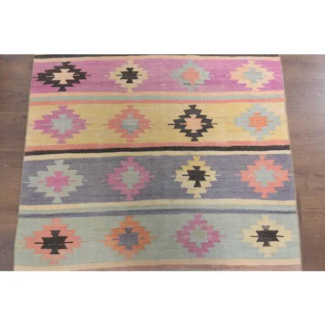 Vintage Turkish Oushak Handmade Wool Cotton Green Kilim Runner Rug 129x297
