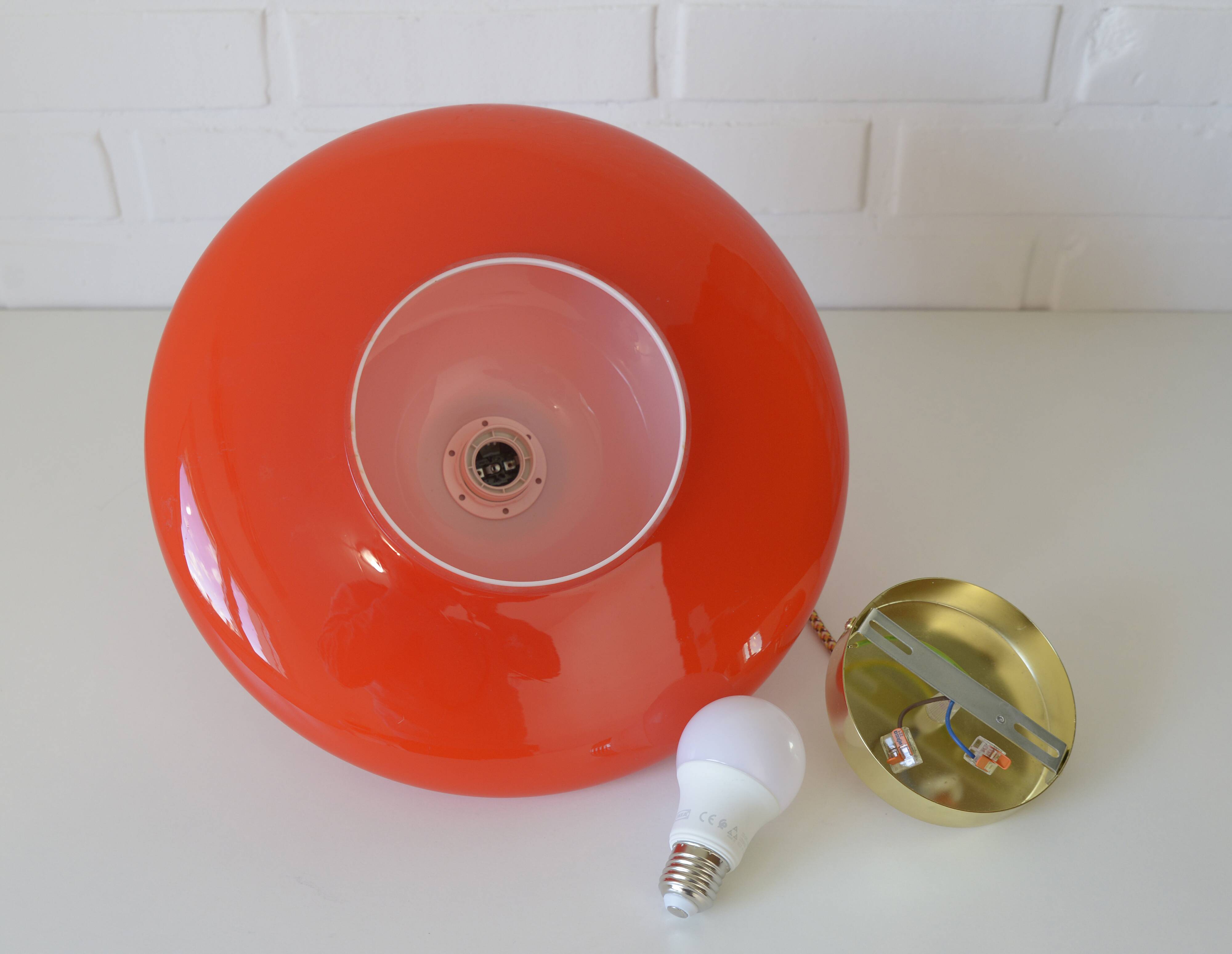 Vintage Orange Glass Pendant Light MCM Space Age Style Hanging Lamp 1970's