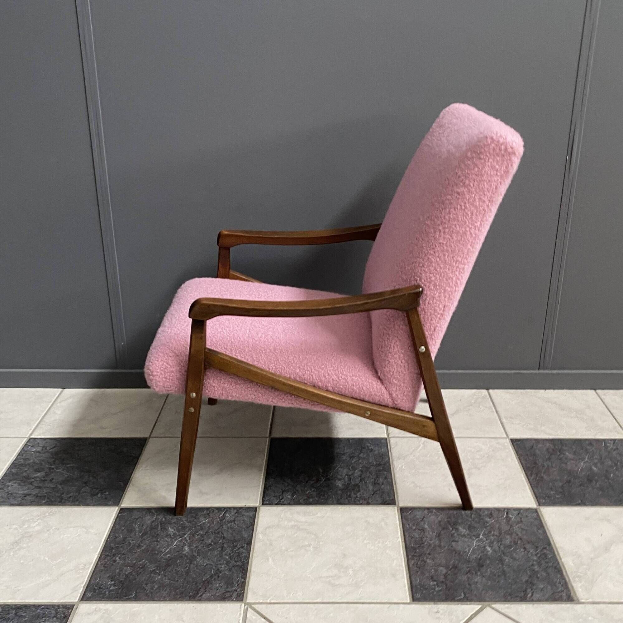 Pink arm chair by Jiri jiroutek 1960s reupholstered in boucle pink